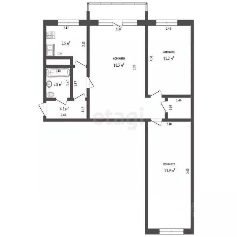 3-к кв. Калининградская область, Калининград ул. Чекистов, 88 (57.9 м) - Фото 1