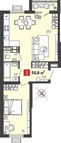 Квартира, 2 комнаты, 55.8 м - Фото 0