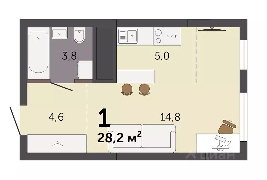 Студия Свердловская область, Екатеринбург Южный жилрайон,  (28.2 м) - Фото 2