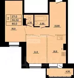 2-к кв. Омская область, Омск ул. Малиновского, 16к2 (60.0 м) - Фото 1