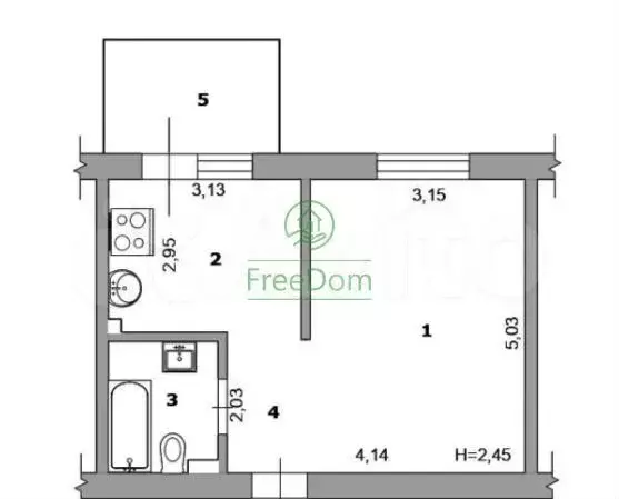 1-к. квартира, 31,7 м, 4/5 эт. - Фото 0
