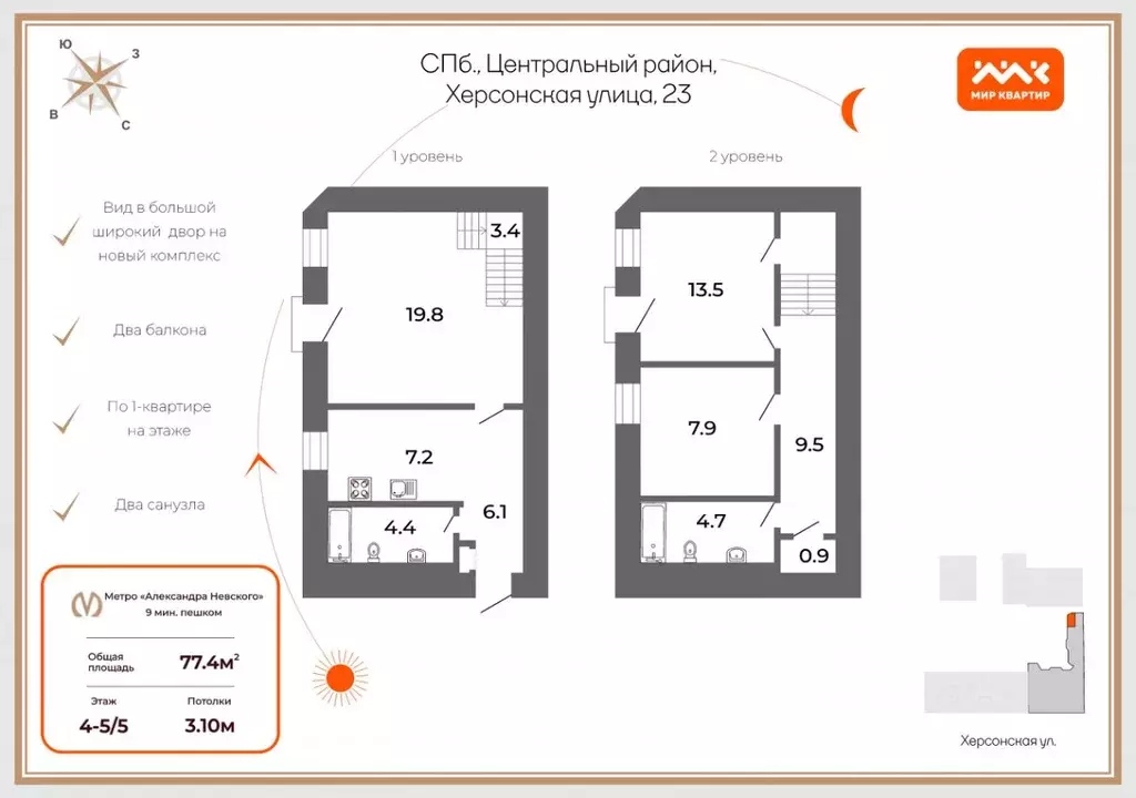 3-к кв. Санкт-Петербург Херсонская ул., 23 (77.4 м) - Фото 1