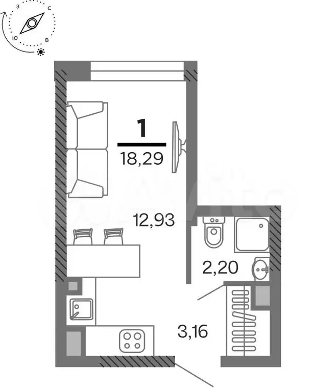 1-к. квартира, 18,3 м, 11/25 эт. - Фото 1