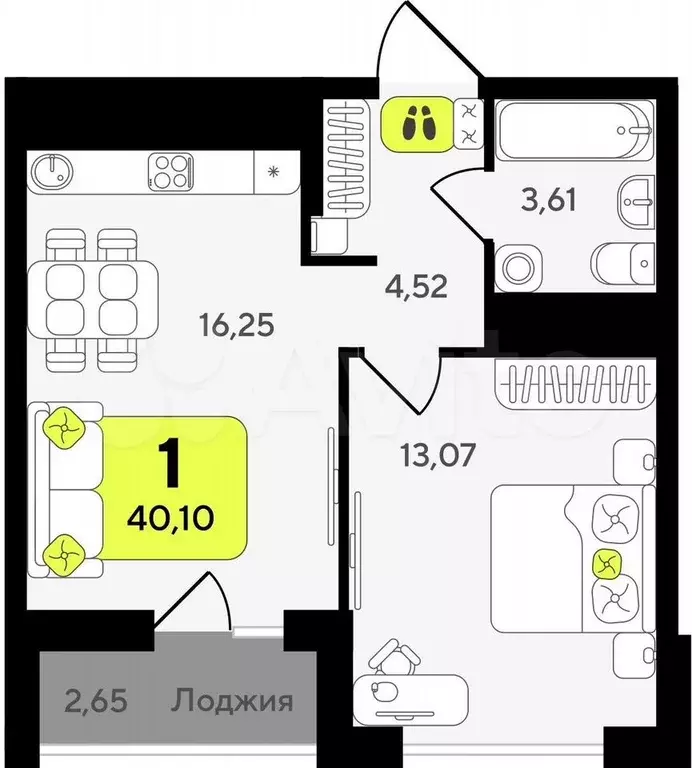 1-к. квартира, 40,1 м, 2/19 эт. - Фото 1