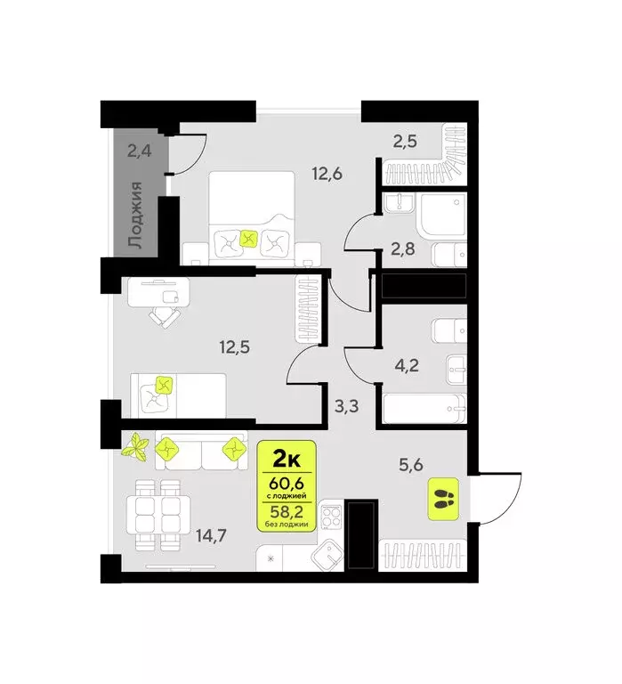 2-комнатная квартира: Тюмень, улица Андрея Приказнова, 7 (60.6 м) - Фото 1