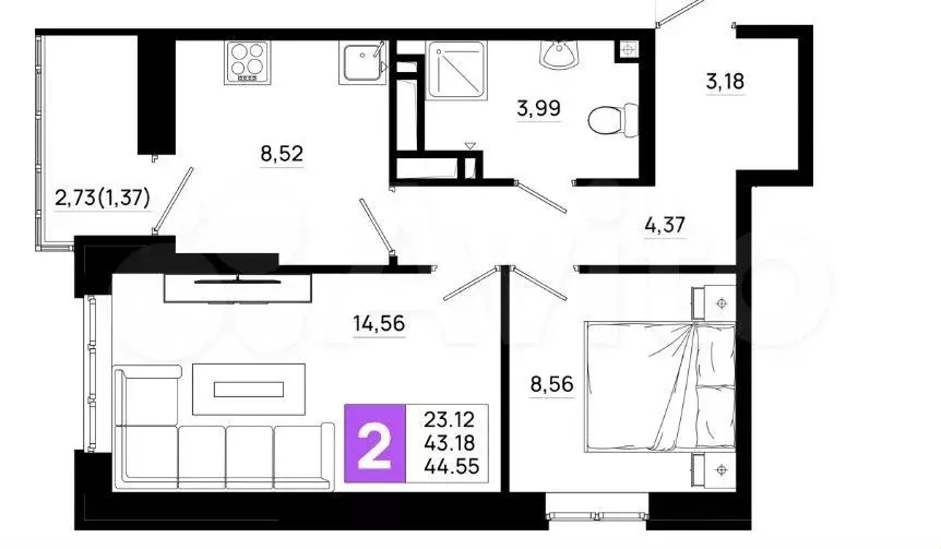 2-к. квартира, 44,6 м, 19/25 эт. - Фото 1