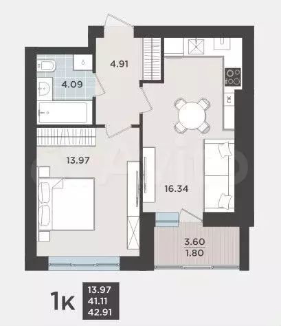 1-к. квартира, 42,9 м, 3/9 эт. - Фото 1