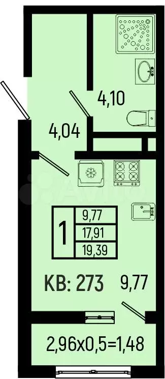 Квартира-студия, 19,4м, 6/9эт. - Фото 0