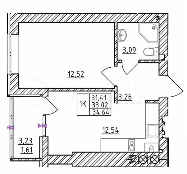 1-к. квартира, 33 м, 3/7 эт. - Фото 1