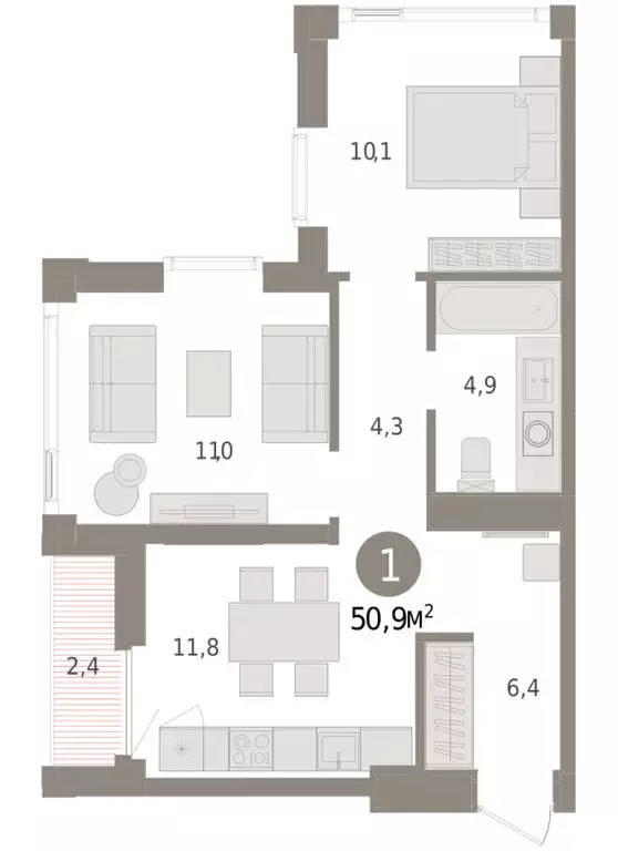 1-комнатная квартира: Тюмень, улица Павла Фитина, 7 (50.93 м) - Фото 2