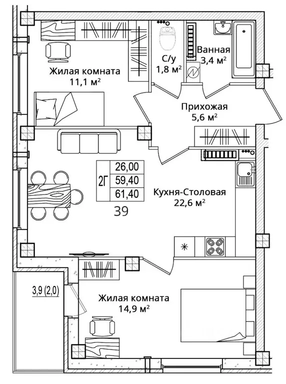 2-к кв. Псковская область, Псковский район, Завеличенская волость, д. ... - Фото 1