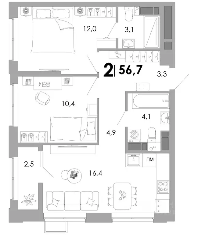 2-к кв. Владимирская область, Владимир Уно жилой комплекс (56.7 м) - Фото 1