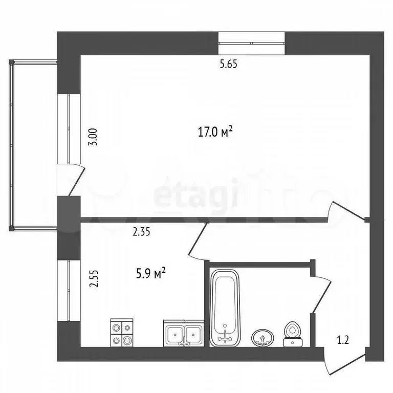 1-к. квартира, 30,9 м, 5/5 эт. - Фото 0