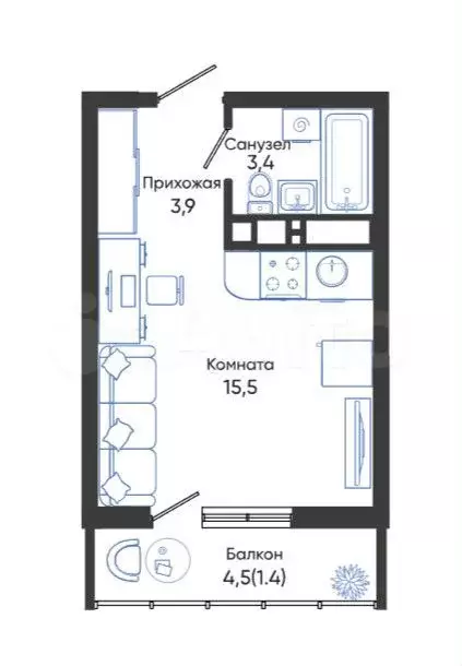Квартира-студия, 24,2 м, 19/24 эт. - Фото 1