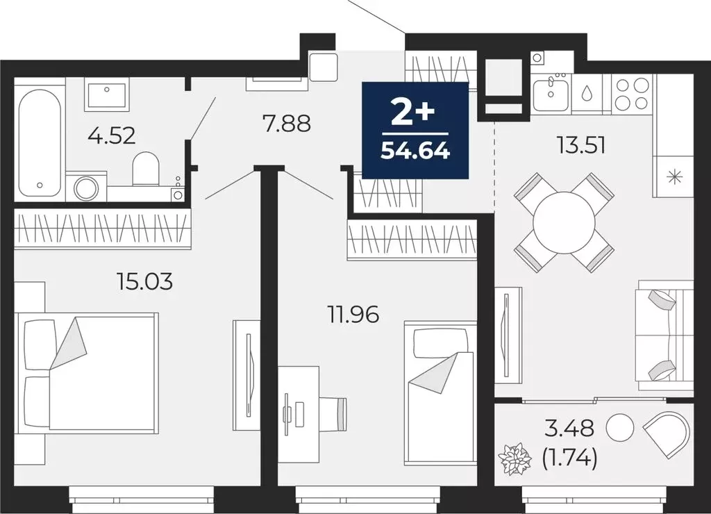 2-комнатная квартира: Тюмень, Арктическая улица, 12 (56.38 м) - Фото 1
