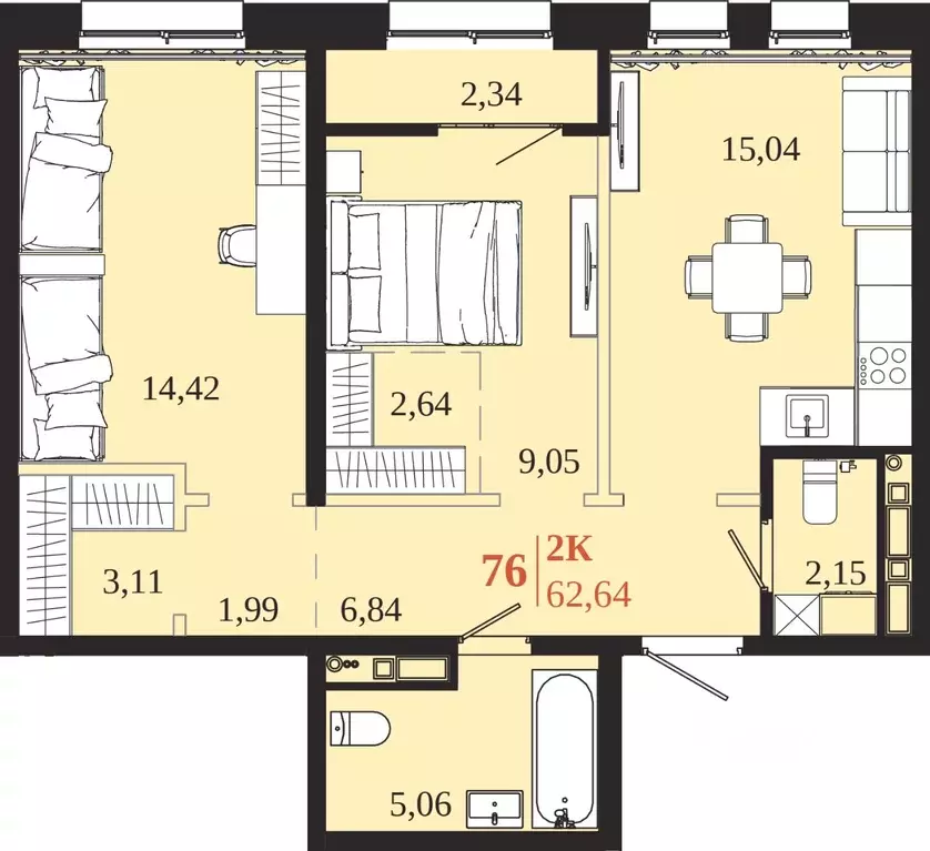 2-к кв. Иркутская область, Иркутск 1661 жилой комплекс (62.64 м) - Фото 1