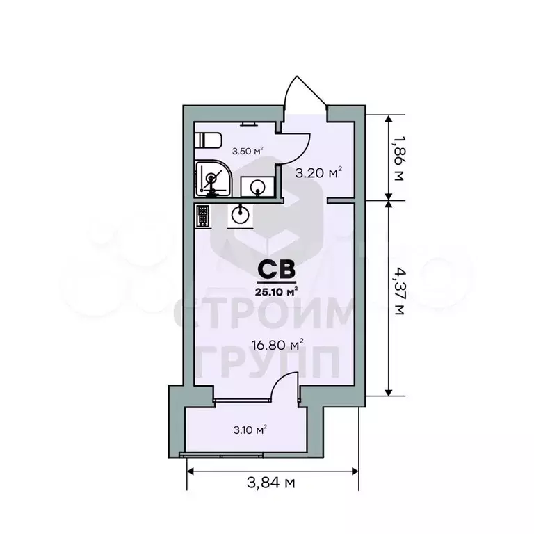 квартира-студия, 25,1 м, 1/9 эт. - Фото 1