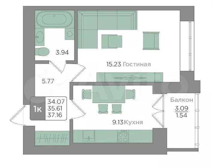 1-к. квартира, 37,2 м, 1/9 эт. - Фото 1