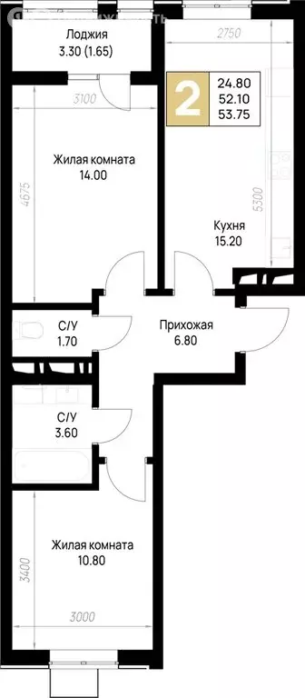 2-комнатная квартира: Анапа, ЖК На Высоком Берегу (53.75 м) - Фото 1
