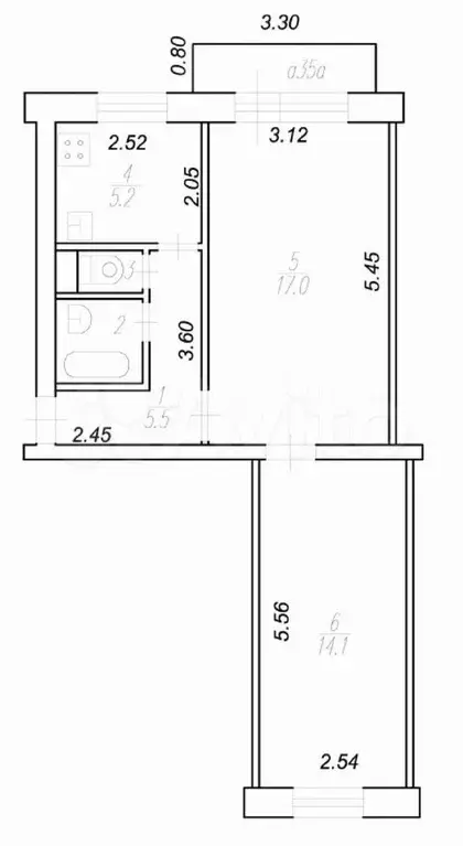 2-к. квартира, 44,7 м, 4/5 эт. - Фото 0