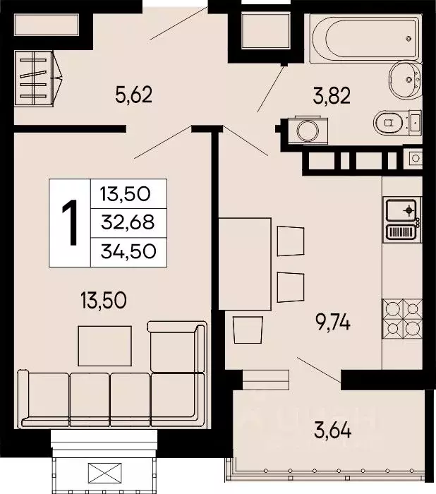 1-к кв. Адыгея, Майкоп 9 Мая ул. (34.5 м) - Фото 1