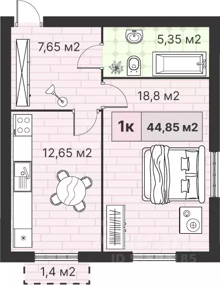 1-к кв. Калининградская область, Гурьевский муниципальный округ, пос. ... - Фото 1