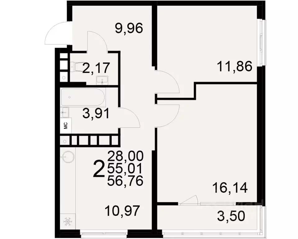 2-к кв. Рязанская область, Рязань ул. Бирюзова (55.01 м) - Фото 0