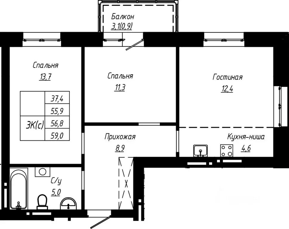 3-к кв. Алтайский край, Барнаул ул. Чернышевского (56.8 м) - Фото 1