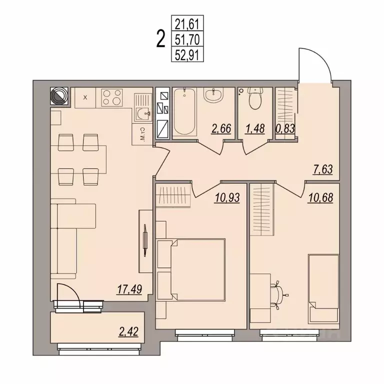 2-к кв. Волгоградская область, Волгоград ул. Дымченко, 9 (52.91 м) - Фото 1