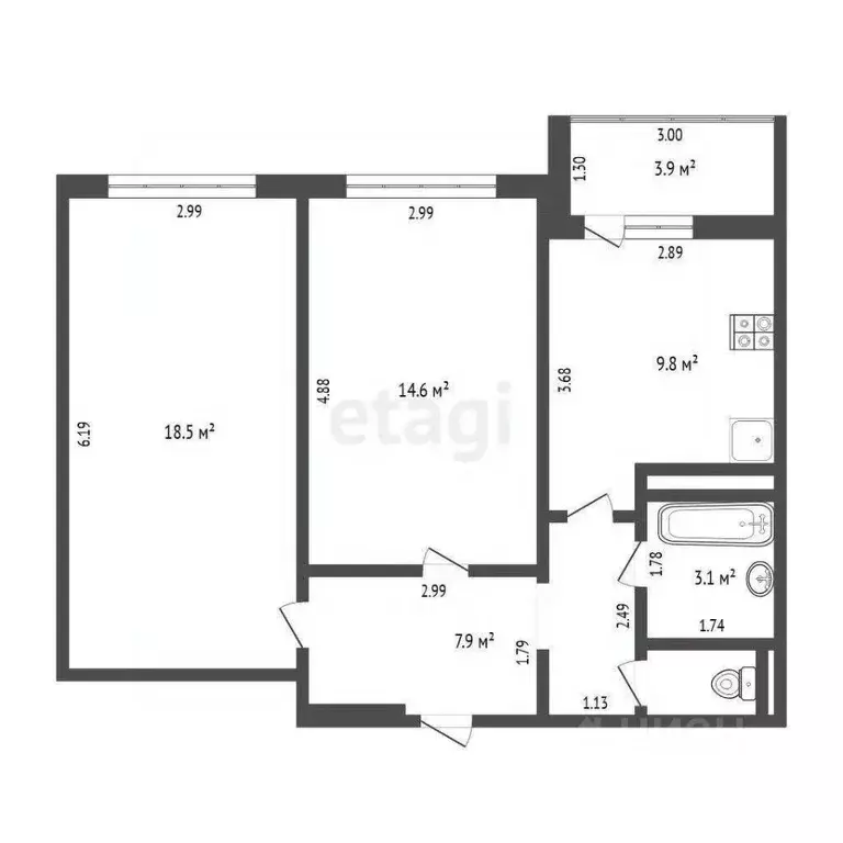2-к кв. Тюменская область, Тюмень ул. Василия Подшибякина, 19 (55.1 м) - Фото 2