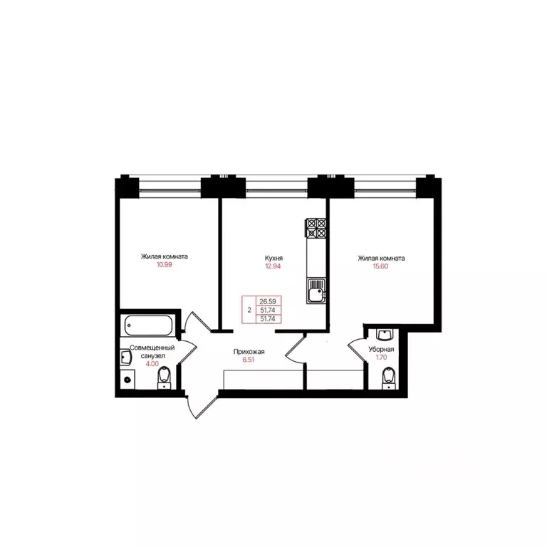 2-к кв. Татарстан, Казань Лето жилой комплекс (51.74 м) - Фото 2