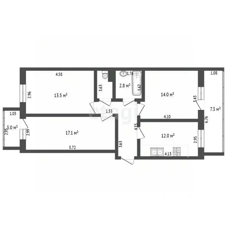 3-к кв. Вологодская область, Череповец Октябрьский просп., 92А (69.5 ... - Фото 2