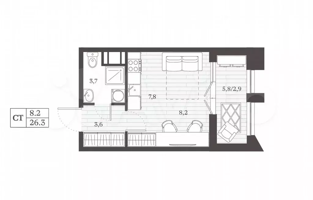 Квартира-студия, 26,3 м, 6/8 эт. - Фото 0