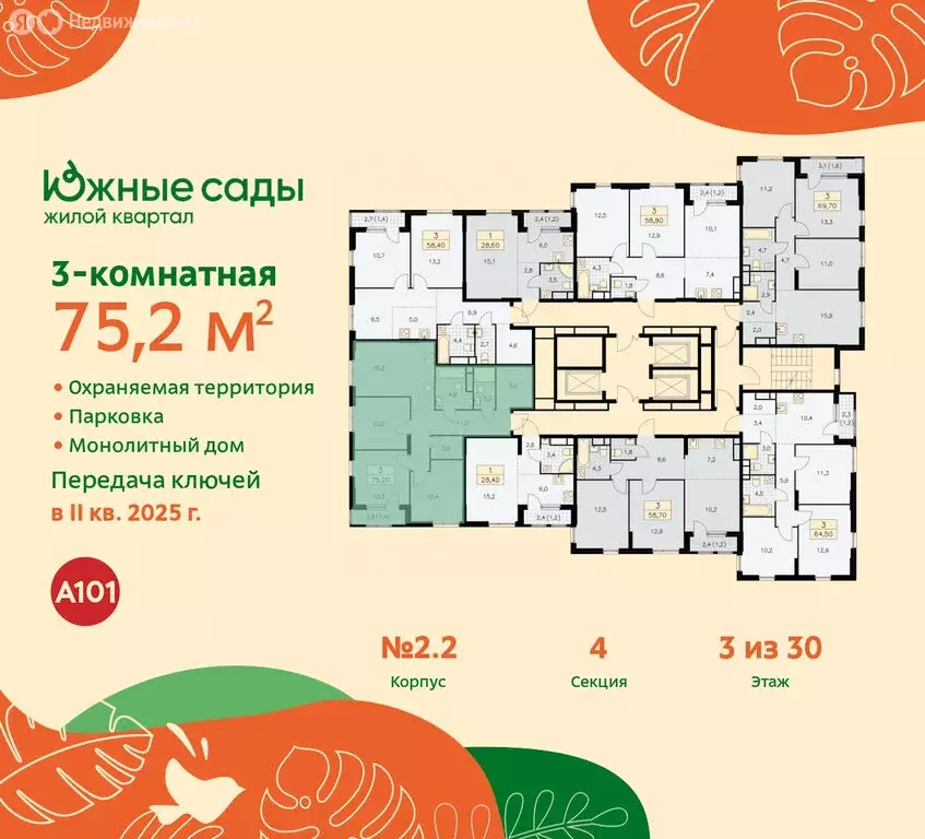 3-комнатная квартира: Москва, жилой комплекс Южные Сады, к2.2 (75.2 м) - Фото 1