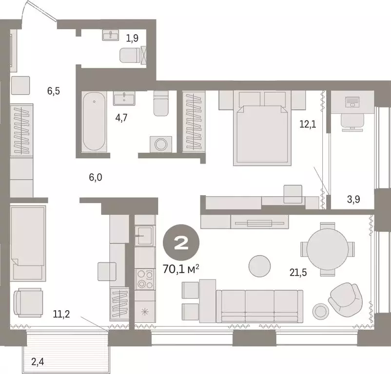 2-комнатная квартира: Тюмень, Краснооктябрьская улица, 4к3 (70.09 м) - Фото 1