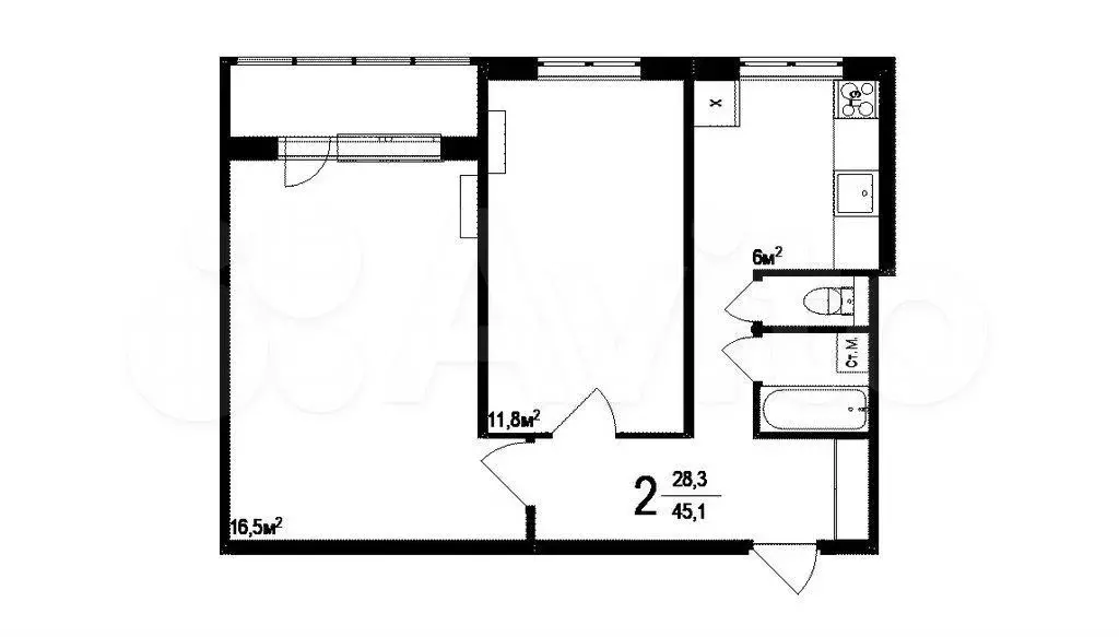 2-к. квартира, 45 м, 8/9 эт. - Фото 0