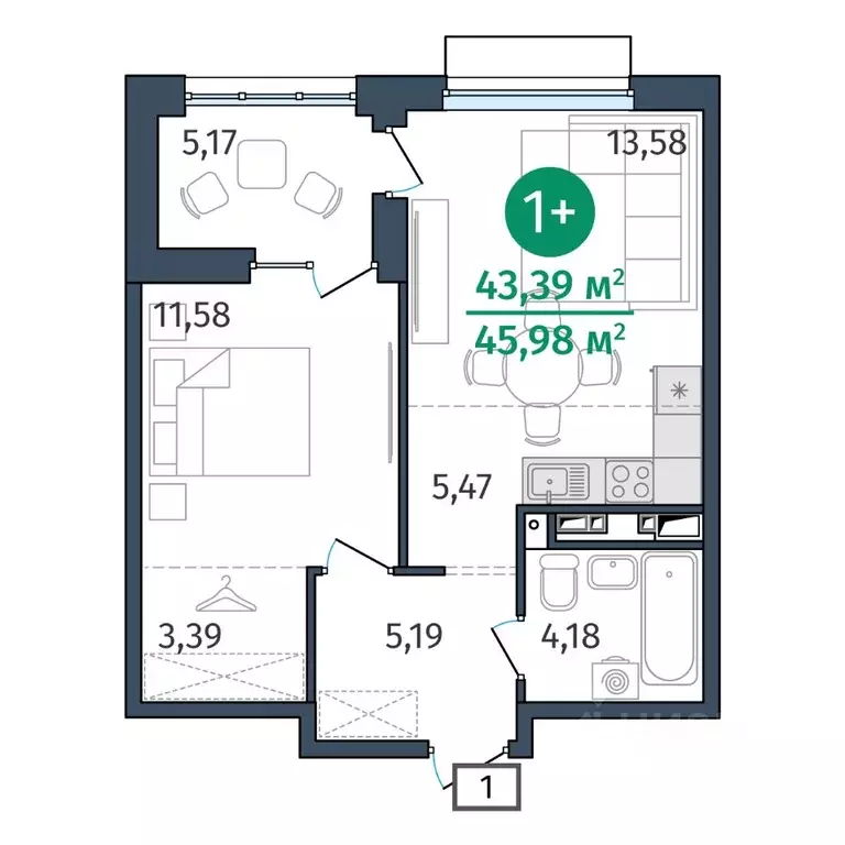 1-к кв. Тюменская область, Тюмень ул. Тимофея Кармацкого, 17 (43.39 м) - Фото 0