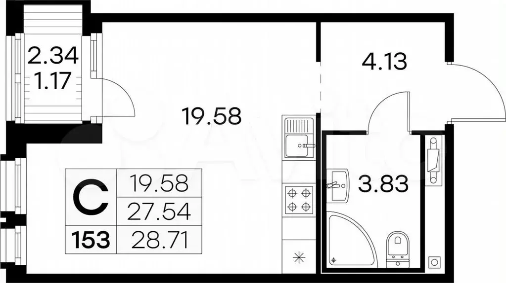 Квартира-студия, 28,7м, 2/15эт. - Фото 0