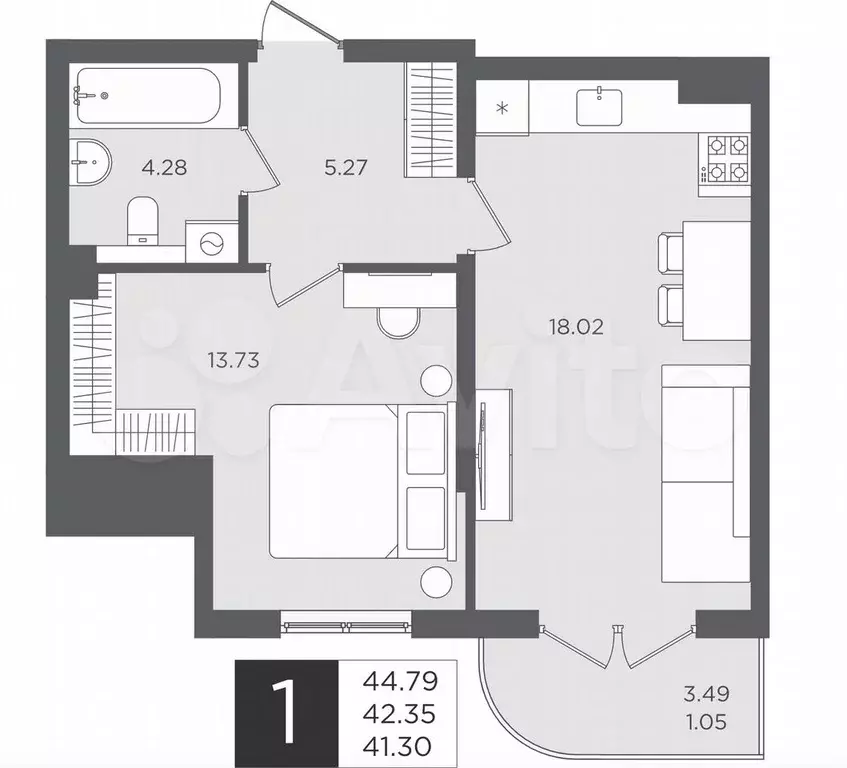 1-к. квартира, 42,4 м, 2/4 эт. - Фото 1