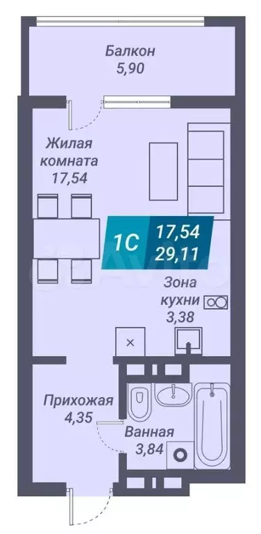 Квартира-студия, 29,1 м, 7/25 эт. - Фото 0