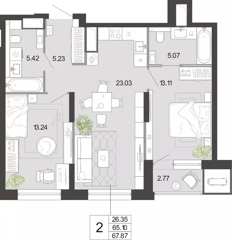 2-к кв. Тульская область, Тула ул. Фридриха Энгельса, 74 (67.87 м) - Фото 2