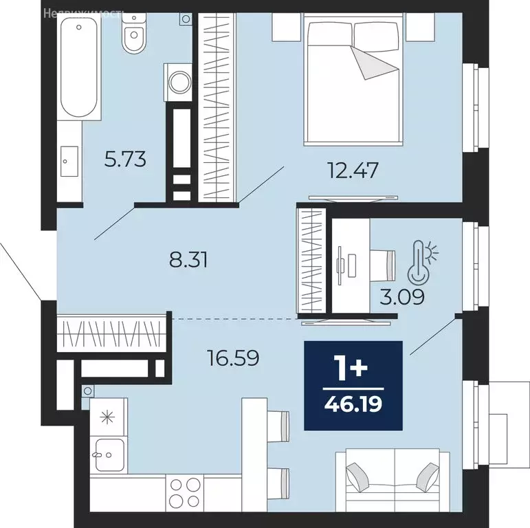 1-комнатная квартира: Тюмень, ЖК Айвазовский Сити (46.19 м) - Фото 1