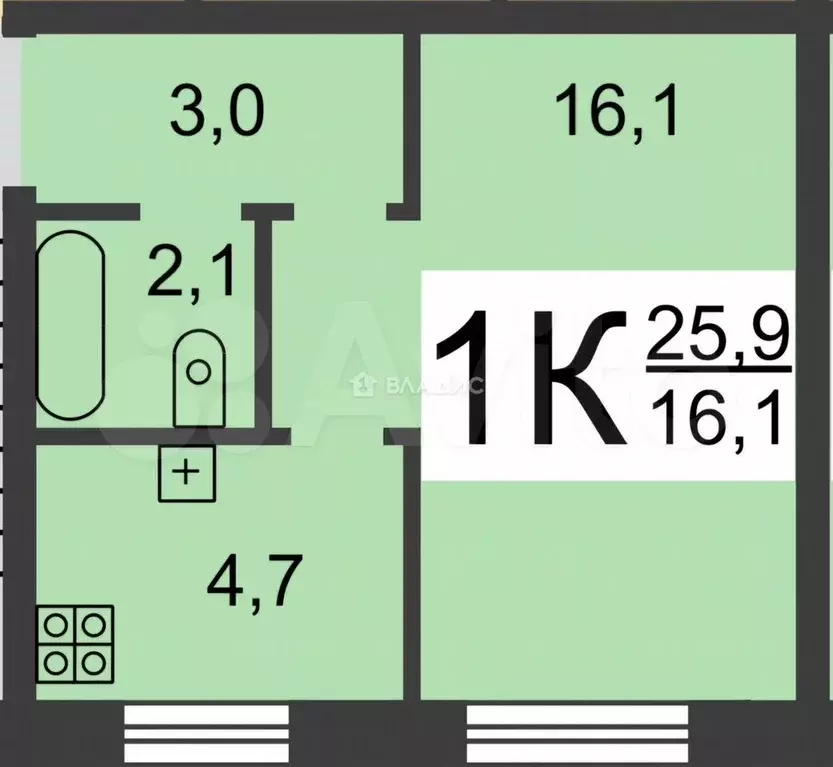1-к. квартира, 25,9 м, 1/2 эт. - Фото 0