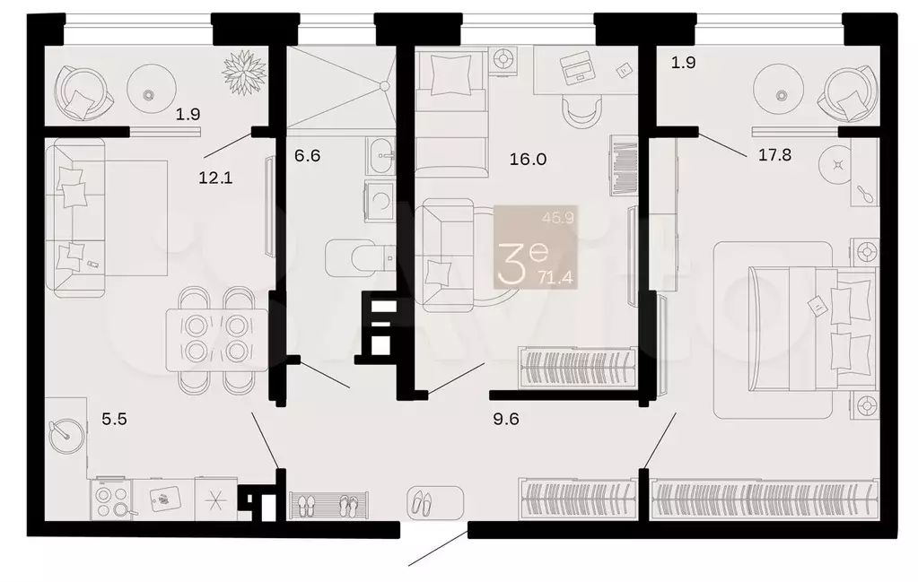 3-к. квартира, 71,4 м, 4/9 эт. - Фото 0