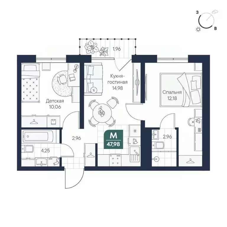 2-к кв. Новгородская область, Великий Новгород Медь кв-л,  (47.98 м) - Фото 1