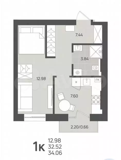 1-к. квартира, 32,5м, 3/3эт. - Фото 1