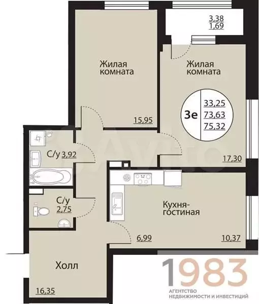 2-к. квартира, 75,3 м, 2/24 эт. - Фото 0
