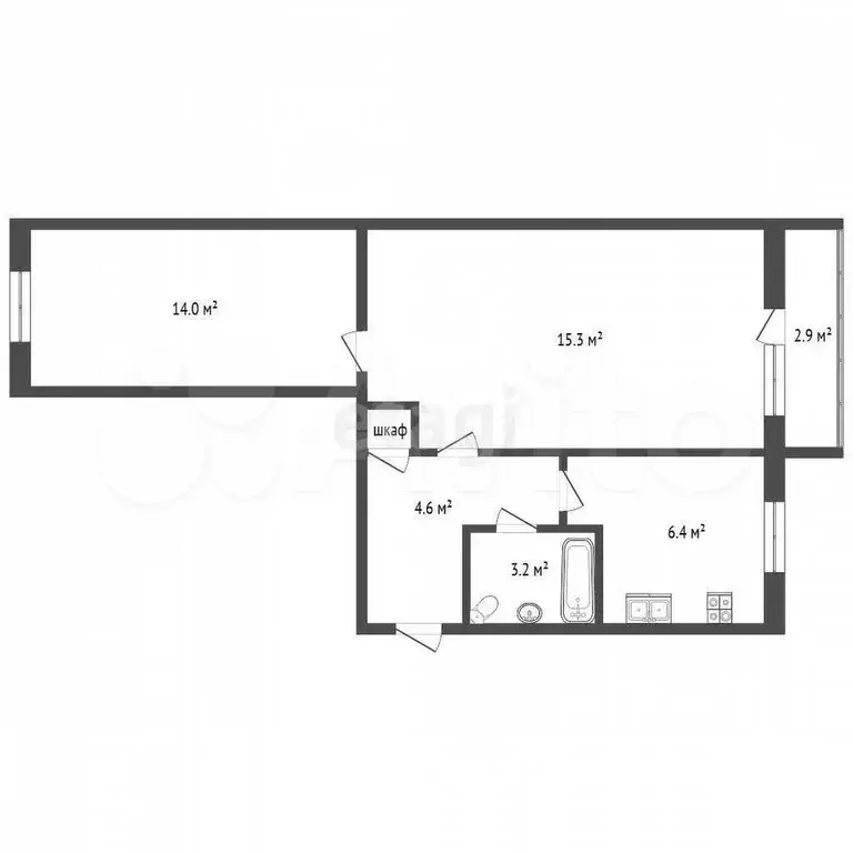 2-к. квартира, 43,9 м, 4/5 эт. - Фото 0