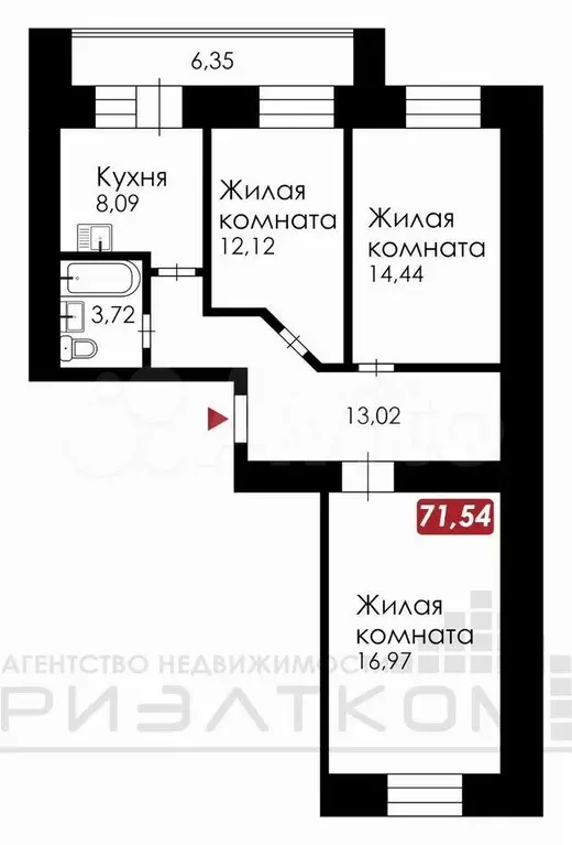3-к. квартира, 71,5 м, 5/14 эт. - Фото 0