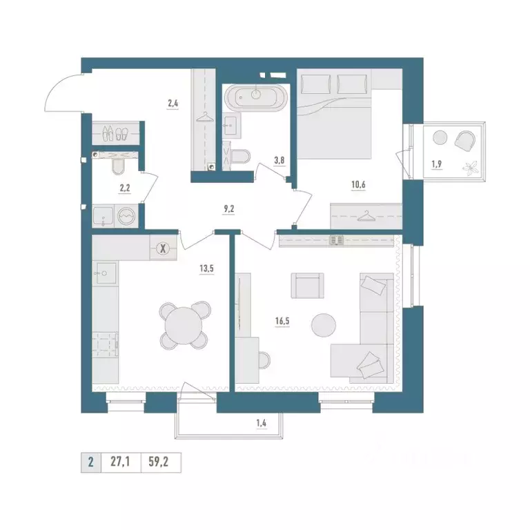 2-к кв. Башкортостан, Уфа Затон-Восточный жилрайон,  (59.2 м) - Фото 1